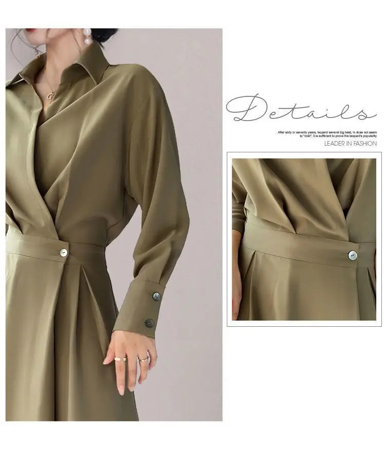 Vestido Longo Feminino Elegante com Gola Polo – Modelo de Cintura Marcada, Ideal para Outono e Verão