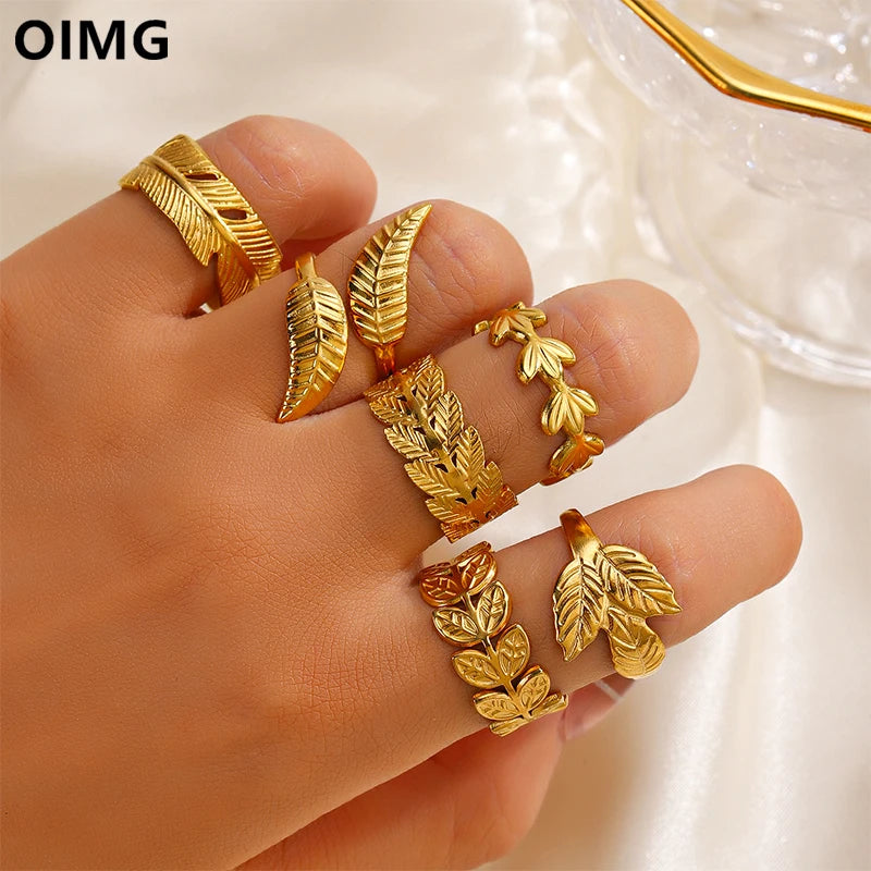 Conjunto de Anéis Folheados a Ouro com Design de Folhas – Aço Inoxidável 316L | Estilo Boho Chic