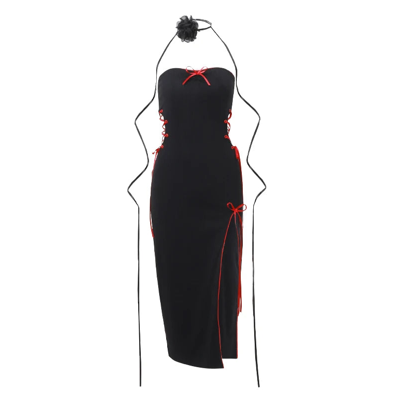 Vestido Longo Gótico com Laços – Sexy, Justo e Fenda Alta