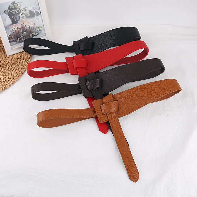 Cinto Feminino em Couro Legítimo com Nó – Estilo Elegante para Vestidos, Casacos e Blazers