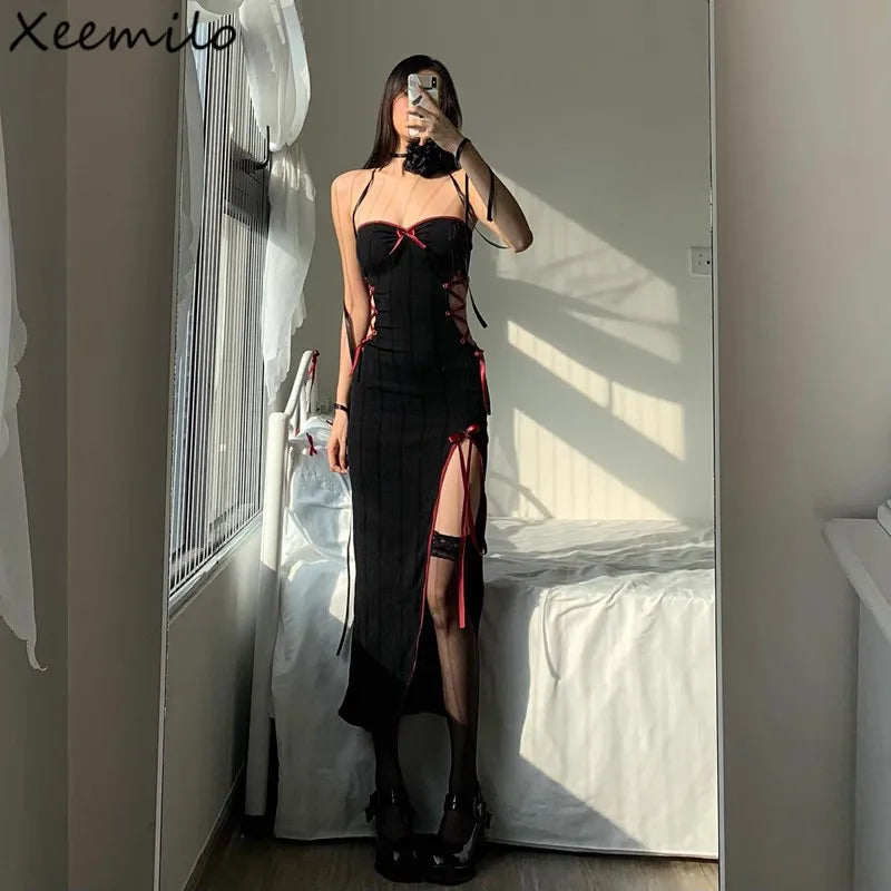 Vestido Longo Gótico com Laços – Sexy, Justo e Fenda Alta