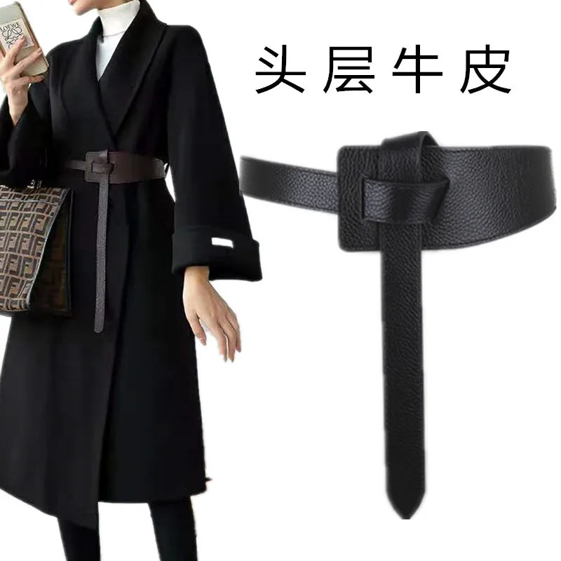 Cinto Feminino em Couro Legítimo com Nó – Estilo Elegante para Vestidos, Casacos e Blazers