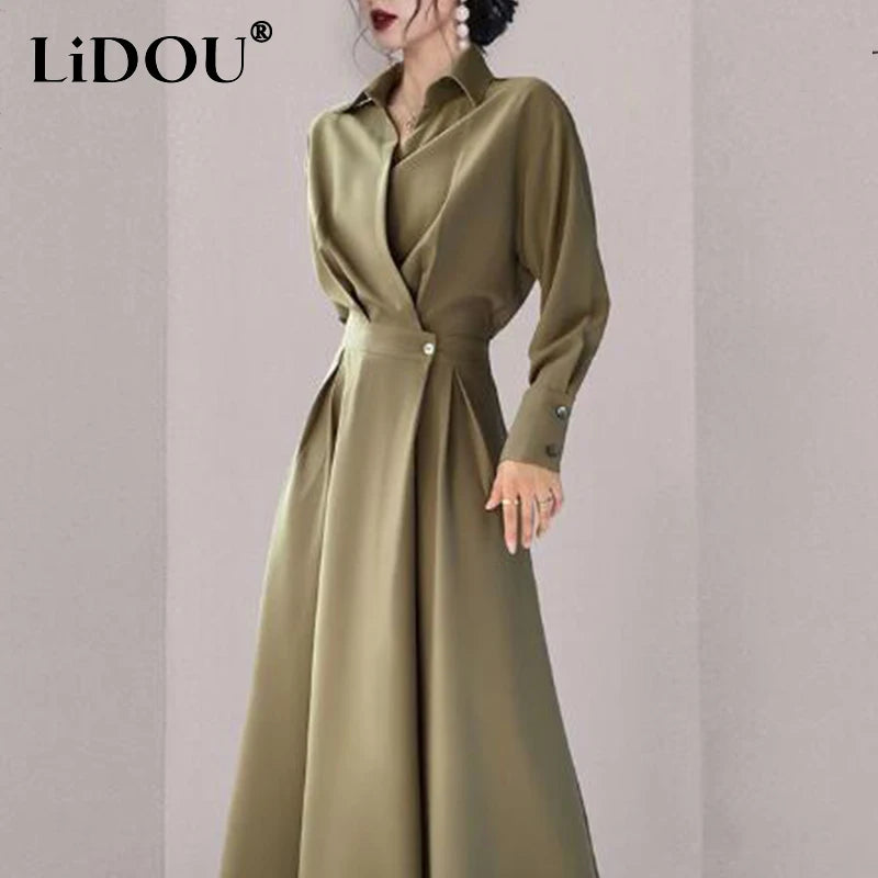 Vestido Longo Feminino Elegante com Gola Polo – Modelo de Cintura Marcada, Ideal para Outono e Verão