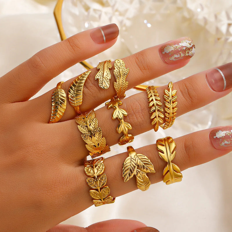 Conjunto de Anéis Folheados a Ouro com Design de Folhas – Aço Inoxidável 316L | Estilo Boho Chic
