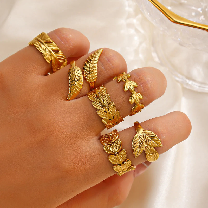 Conjunto de Anéis Folheados a Ouro com Design de Folhas – Aço Inoxidável 316L | Estilo Boho Chic