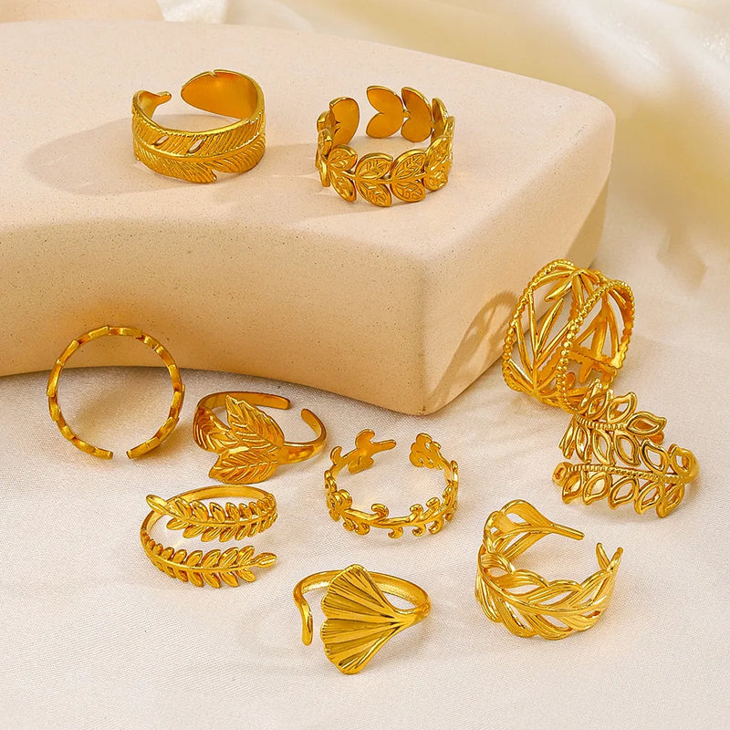 Conjunto de Anéis Folheados a Ouro com Design de Folhas – Aço Inoxidável 316L | Estilo Boho Chic