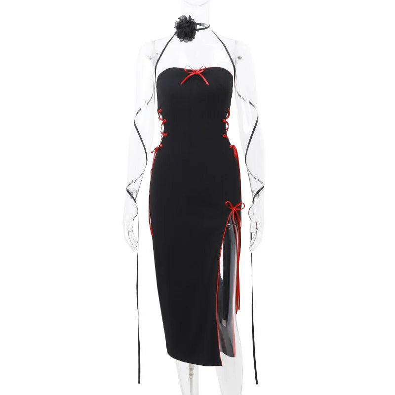 Vestido Longo Gótico com Laços – Sexy, Justo e Fenda Alta