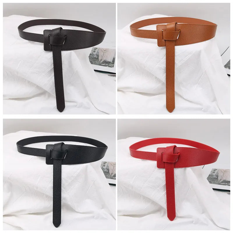 Cinto Feminino em Couro Legítimo com Nó – Estilo Elegante para Vestidos, Casacos e Blazers