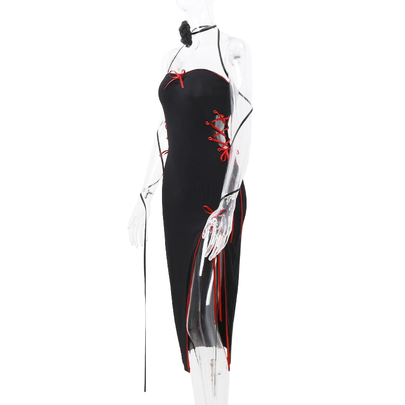 Vestido Longo Gótico com Laços – Sexy, Justo e Fenda Alta