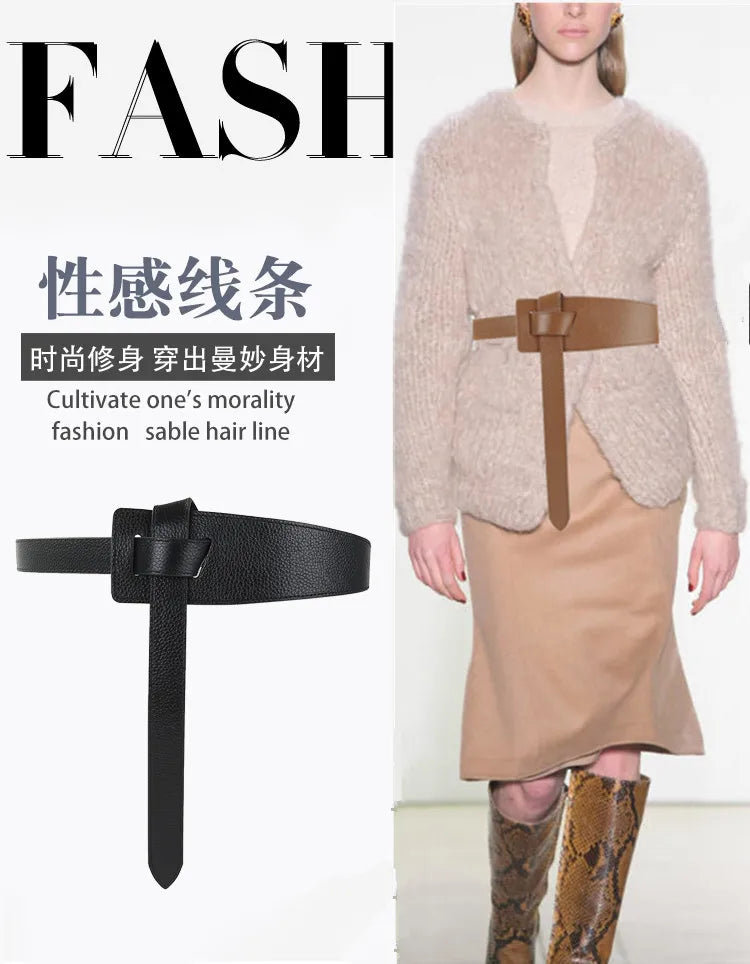 Cinto Feminino em Couro Legítimo com Nó – Estilo Elegante para Vestidos, Casacos e Blazers