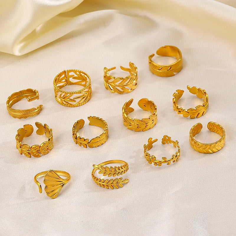 Conjunto de Anéis Folheados a Ouro com Design de Folhas – Aço Inoxidável 316L | Estilo Boho Chic