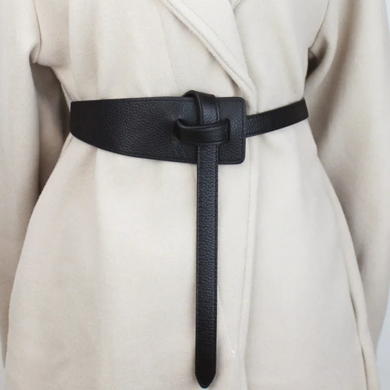 Cinto Feminino em Couro Legítimo com Nó – Estilo Elegante para Vestidos, Casacos e Blazers